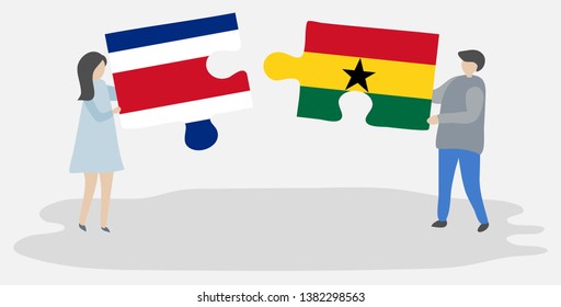 Couple holding two puzzles pieces with Costa Rican and Ghanaian flags. Costa Rica and Ghana national symbols together.