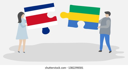 Couple holding two puzzles pieces with Costa Rican and Gabonese flags. Costa Rica and Gabon national symbols together.