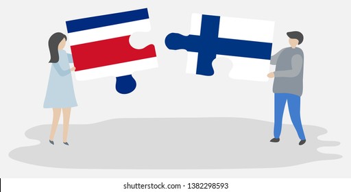 Couple holding two puzzles pieces with Costa Rican and Finnish flags. Costa Rica and Finland national symbols together.