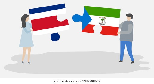 Couple holding two puzzles pieces with Costa Rican and Equatorial Guinean flags. Costa Rica and Equatorial Guinea national symbols together.