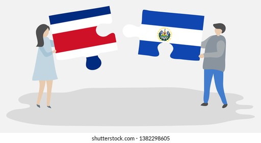 Couple holding two puzzles pieces with Costa Rican and Salvadoran flags. Costa Rica and El Salvador national symbols together.