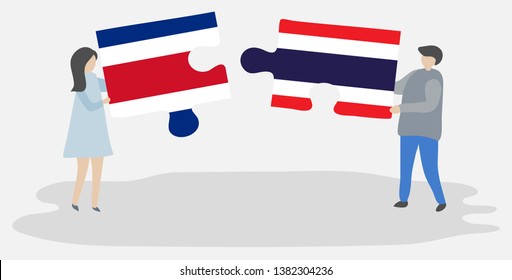 Couple holding two puzzles pieces with Costa Rican and Thai flags. Costa Rica and Thailand national symbols together.