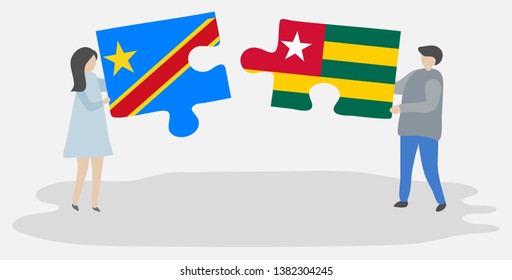 Couple holding two puzzles pieces with Congolese and Togolese flags. Democratic Republic of the Congo and Togo national symbols together.