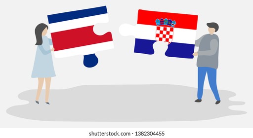Couple holding two puzzles pieces with Costa Rican and Croatian flags. Costa Rica and Croatia national symbols together.