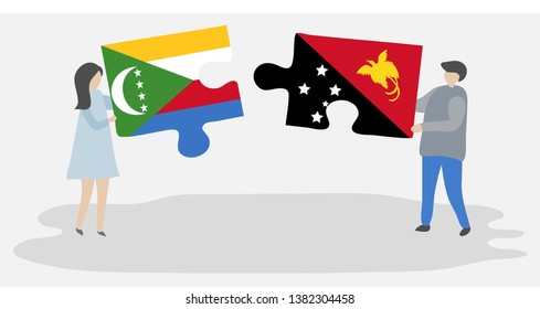 Couple holding two puzzles pieces with Comoran and Papuan flags. Comoros and Papua New Guinea national symbols together.