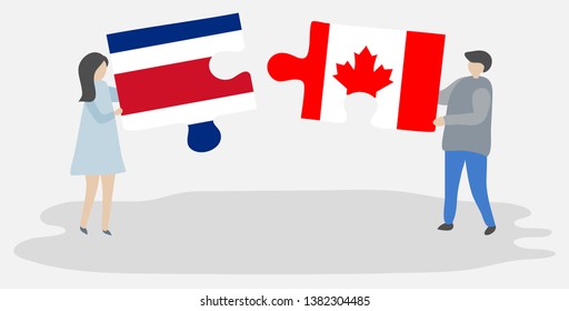 Couple holding two puzzles pieces with Costa Rican and Canadian flags. Costa Rica and Canada national symbols together.