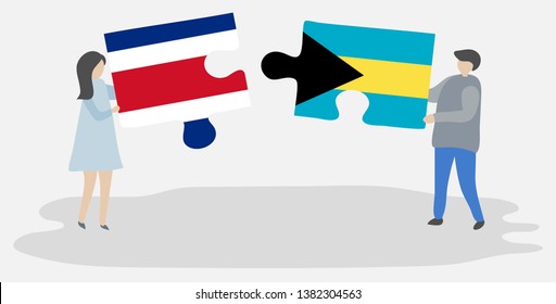 Couple holding two puzzles pieces with Costa Rican and Bahamian flags. Costa Rica and Bahamas national symbols together.