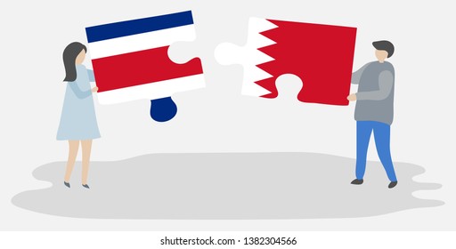 Couple holding two puzzles pieces with Costa Rican and Bahraini flags. Costa Rica and Bahrain national symbols together.