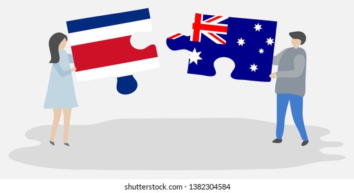 Couple holding two puzzles pieces with Costa Rican and Australian flags. Costa Rica and Australia national symbols together.