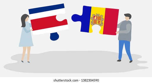 Couple holding two puzzles pieces with Costa Rican and Andorran flags. Costa Rica and Andorra national symbols together.