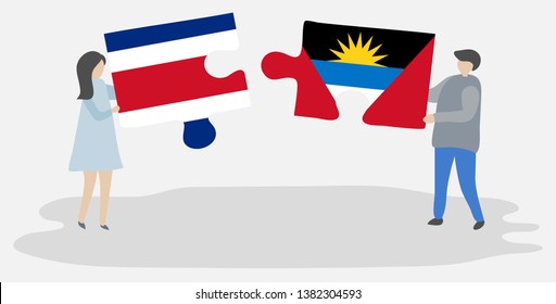 Couple holding two puzzles pieces with Costa Rican and Antiguan flags. Costa Rica and Antigua and Barbuda national symbols together.