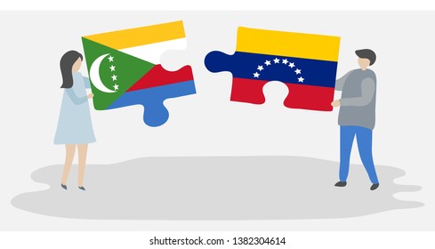 Couple holding two puzzles pieces with Comoran and Venezuelan flags. Comoros and Venezuela national symbols together.