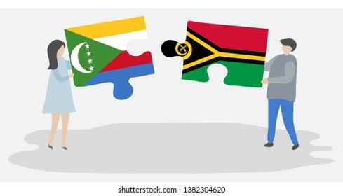 Couple holding two puzzles pieces with Comoran and Vanuatuan flags. Comoros and Vanuatu national symbols together.