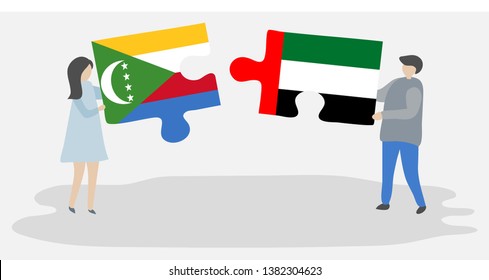 Couple holding two puzzles pieces with Comoran and Emirian flags. Comoros and United Arab Emirates national symbols together.