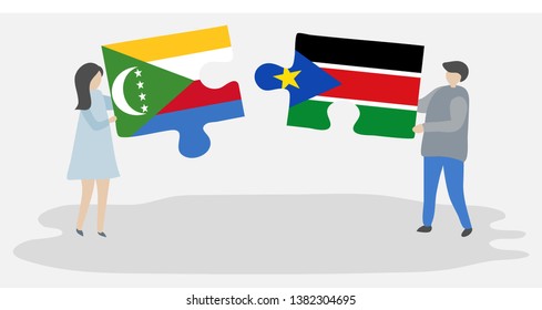 Couple holding two puzzles pieces with Comoran and South Sudanese flags. Comoros and South Sudan national symbols together.