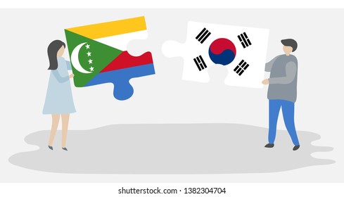 Couple holding two puzzles pieces with Comoran and South Korean flags. Comoros and South Korea national symbols together.