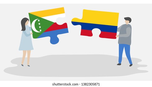 Couple holding two puzzles pieces with Comoran and Colombian flags. Comoros and Colombia national symbols together.