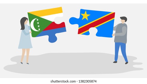 Couple holding two puzzles pieces with Comoran and Congolese flags. Comoros and Democratic Republic of the Congo national symbols together.