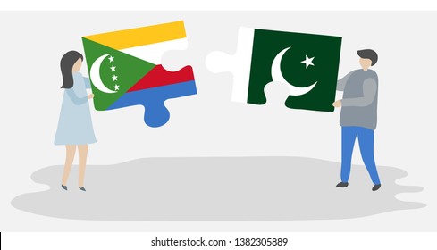 Couple holding two puzzles pieces with Comoran and Pakistani flags. Comoros and Pakistan national symbols together.