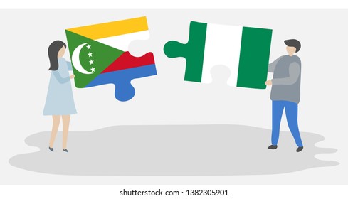 Couple holding two puzzles pieces with Comoran and Nigerian flags. Comoros and Nigeria national symbols together.