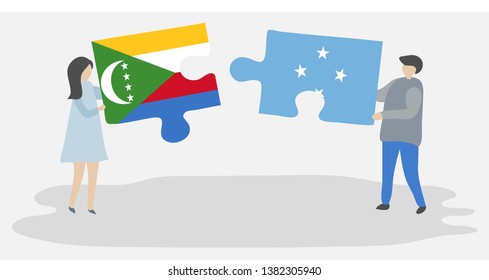 Couple holding two puzzles pieces with Comoran and Micronesian flags. Comoros and Micronesia national symbols together.