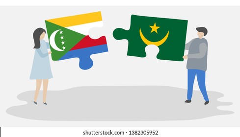 Couple holding two puzzles pieces with Comoran and Mauritanian flags. Comoros and Mauritania national symbols together.