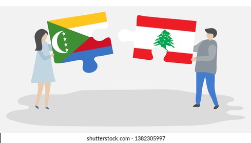 Couple holding two puzzles pieces with Comoran and Lebanese flags. Comoros and Lebanon national symbols together.