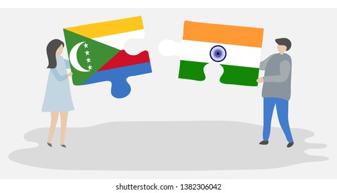 Couple holding two puzzles pieces with Comoran and Indian flags. Comoros and India national symbols together.