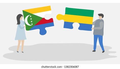 Couple holding two puzzles pieces with Comoran and Gabonese flags. Comoros and Gabon national symbols together.