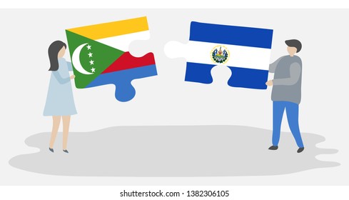 Couple holding two puzzles pieces with Comoran and Salvadoran flags. Comoros and El Salvador national symbols together.