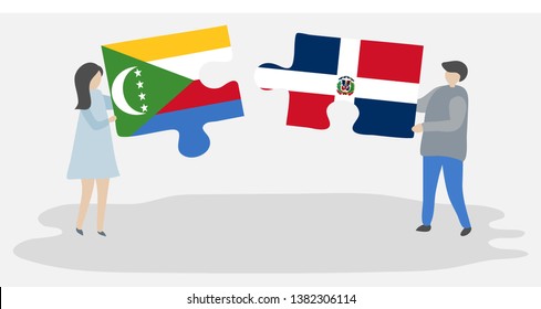 Couple holding two puzzles pieces with Comoran and Dominican flags. Comoros and Dominican Republic national symbols together.