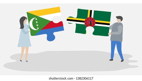 Couple holding two puzzles pieces with Comoran and Dominican flags. Comoros and Dominica national symbols together.