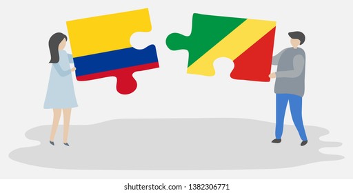 Couple holding two puzzles pieces with Colombian and Congolese flags. Colombia and Republic of the Congo national symbols together.