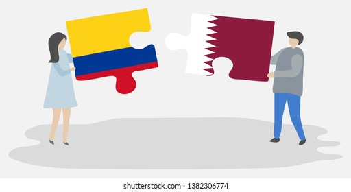 Couple holding two puzzles pieces with Colombian and Qatari flags. Colombia and Qatar national symbols together.