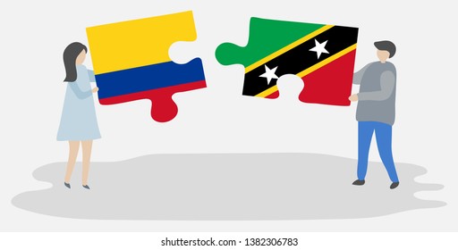 Couple holding two puzzles pieces with Colombian and Kittitian flags. Colombia and Saint Kitts and Nevis national symbols together.