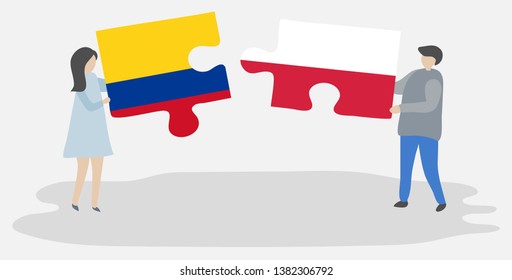Couple holding two puzzles pieces with Colombian and Polish flags. Colombia and Poland national symbols together.
