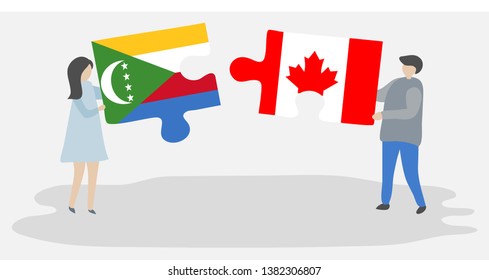 Couple holding two puzzles pieces with Comoran and Canadian flags. Comoros and Canada national symbols together.