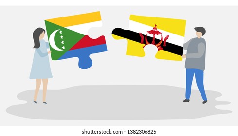 Couple holding two puzzles pieces with Comoran and Bruneian flags. Comoros and Brunei national symbols together.