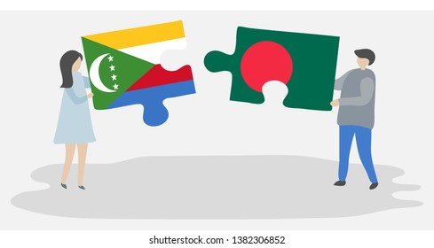 Couple holding two puzzles pieces with Comoran and Bangladeshi flags. Comoros and Bangladesh national symbols together.