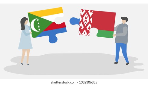 Couple holding two puzzles pieces with Comoran and Belarusian flags. Comoros and Belarus national symbols together.