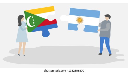 Couple holding two puzzles pieces with Comoran and Argentine flags. Comoros and Argentina national symbols together.