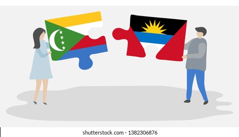 Couple holding two puzzles pieces with Comoran and Antiguan flags. Comoros and Antigua and Barbuda national symbols together.