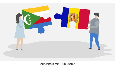 Couple holding two puzzles pieces with Comoran and Andorran flags. Comoros and Andorra national symbols together.