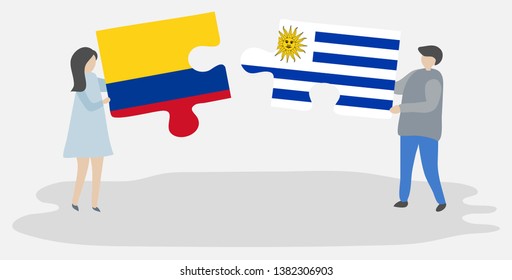 Couple holding two puzzles pieces with Colombian and Uruguayan flags. Colombia and Uruguay national symbols together.