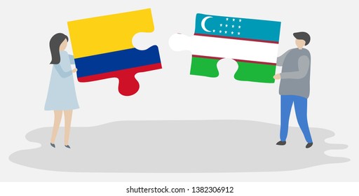 Couple holding two puzzles pieces with Colombian and Uzbek flags. Colombia and Uzbekistan national symbols together.