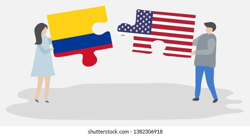 Couple holding two puzzles pieces with Colombian and American flags. Colombia and United States of America national symbols together.