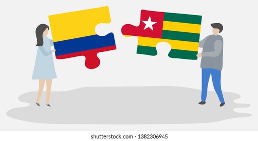 Couple holding two puzzles pieces with Colombian and Togolese flags. Colombia and Togo national symbols together.