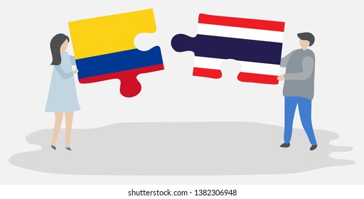 Couple holding two puzzles pieces with Colombian and Thai flags. Colombia and Thailand national symbols together.