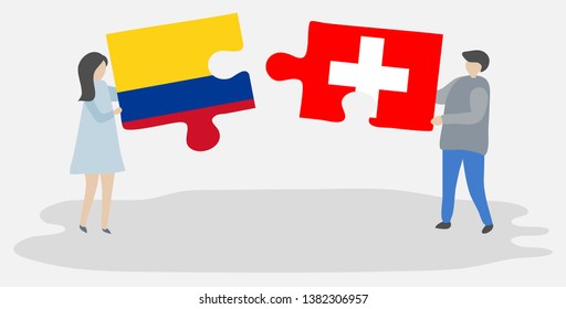 Couple holding two puzzles pieces with Colombian and Swiss flags. Colombia and Switzerland national symbols together.