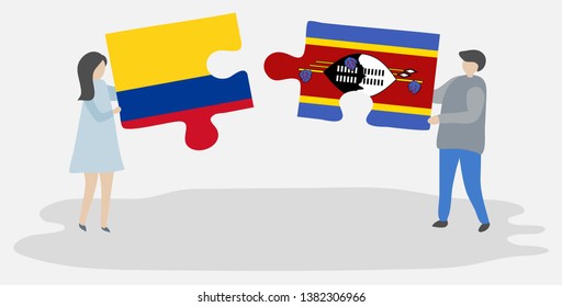 Couple holding two puzzles pieces with Colombian and Swazi flags. Colombia and Swaziland national symbols together.